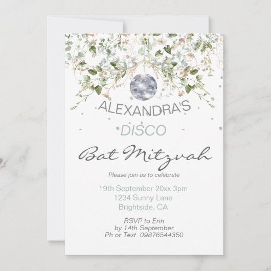 Dusty Blue Floral Disco Ball Bat Mitzvah Einladung (Vorderseite)