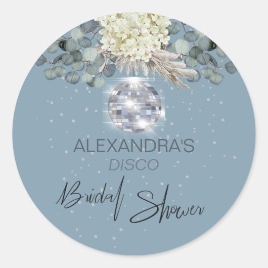 Dusty Blue Floral Disco Ball Brautparty Runder Aufkleber (Vorderseite)