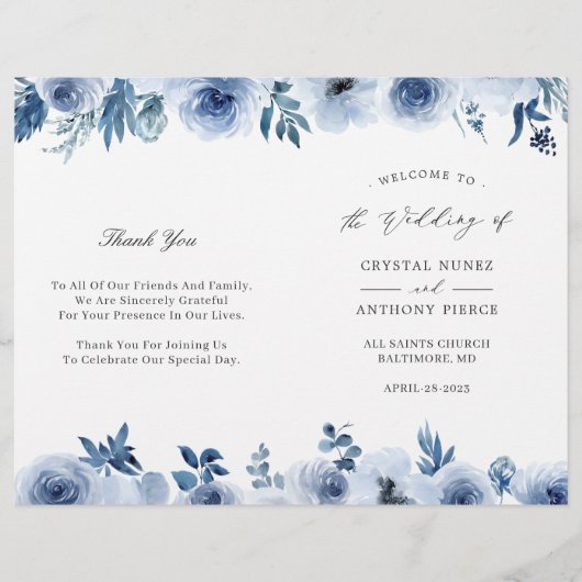 Dusty Blue Floral DIY Folded Wedding Program (Vorderseite)