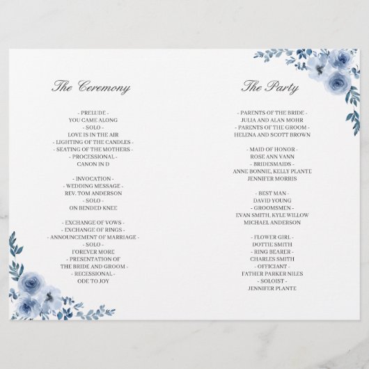 Dusty Blue Floral DIY Folded Wedding Program (Rückseite)
