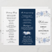 Dusty Blue Floral Dreifach Hochzeitsprogramm (Vorne/Hinten)