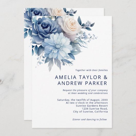 Dusty Blue Floral Dusty Rose Blush Pink Wedding Einladung (Vorne/Hinten)