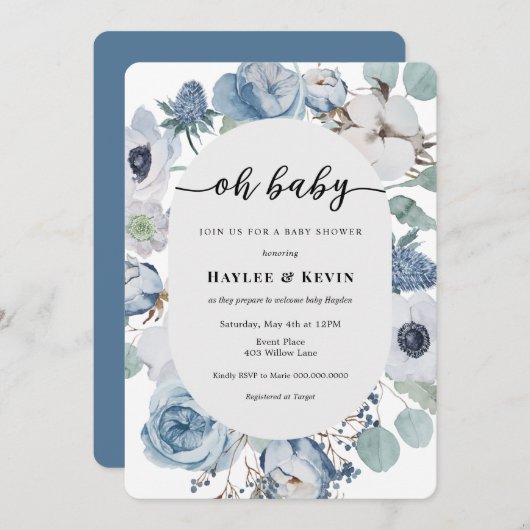 Dusty Blue Floral = Einladung zur Kinderdusche (Vorne/Hinten)