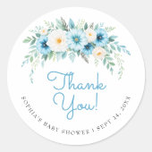 Dusty Blue Floral Elegant Baby Dusche Vielen Dank Runder Aufkleber (Vorderseite)
