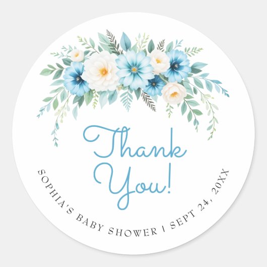 Dusty Blue Floral Elegant Baby Dusche Vielen Dank Runder Aufkleber (Vorderseite)