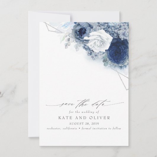 Dusty Blue Floral Elegant Botanisch Save the Date Ankündigung (Vorderseite)