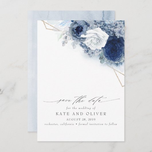 Dusty Blue Floral Elegant Botanisch Save the Date Ankündigung (Vorne/Hinten)