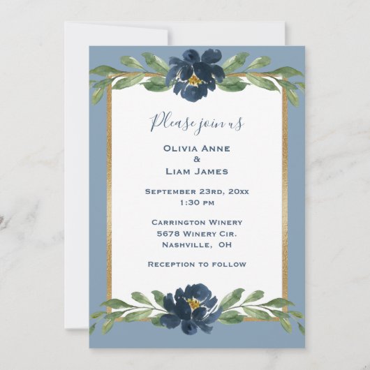 Dusty Blue Floral Elegant Floral Gold Hochzeit Einladung (Vorderseite)