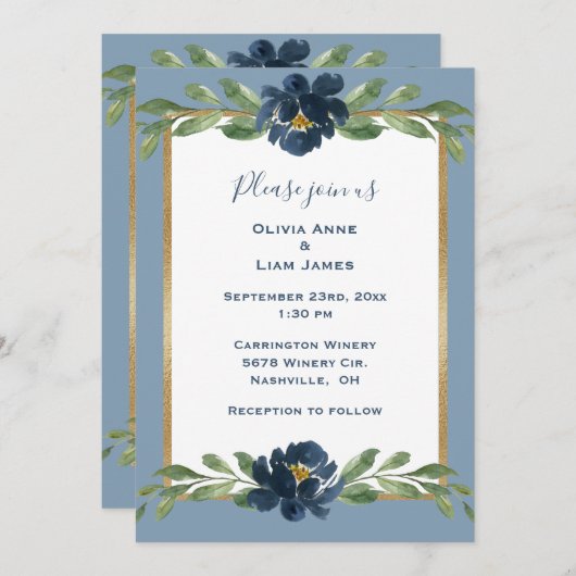 Dusty Blue Floral Elegant Floral Gold Hochzeit Einladung (Vorne/Hinten)