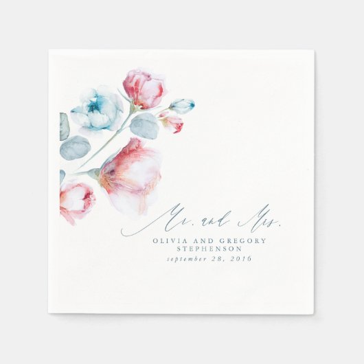 Dusty Blue Floral Elegant Mr. and Mrs. Wedding Serviette (Vorderseite)
