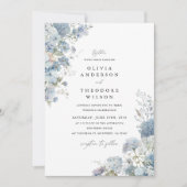 Dusty Blue Floral Elegant Photo Back Wedding Einladung (Vorderseite)