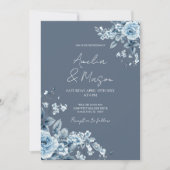 Dusty Blue Floral Elegant Script Wedding  Einladung (Vorderseite)
