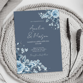 Dusty Blue Floral Elegant Script Wedding  Einladung