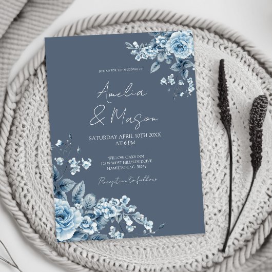 Dusty Blue Floral Elegant Script Wedding Einladung