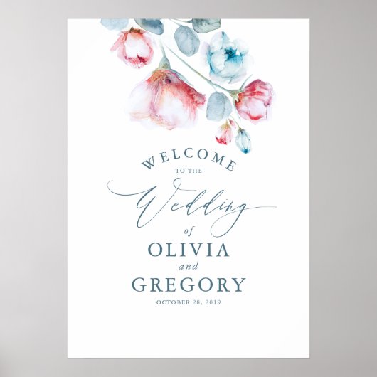 Dusty Blue Floral Elegante Hochzeit Begrüßungszeic Poster (Vorne)