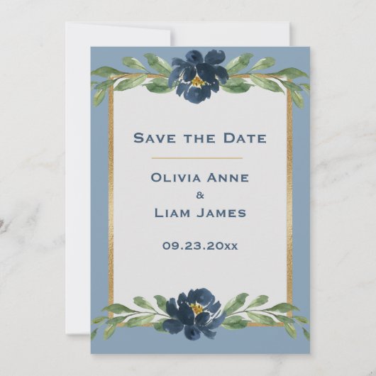 Dusty Blue Floral Elegante Hochzeit Save The Date (Vorderseite)