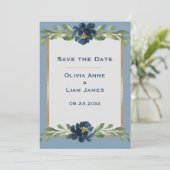 Dusty Blue Floral Elegante Hochzeit Save The Date (Stehend Vorderseite)