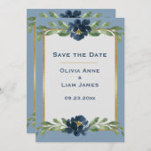 Dusty Blue Floral Elegante Hochzeit Save The Date (Vorne/Hinten)