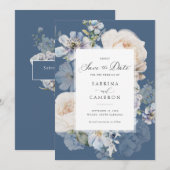Dusty Blue Floral Elegante Rose Hochzeit Einladung (Vorne/Hinten)