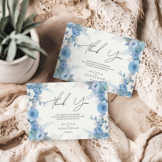 Dusty Blue Floral Elegante Wedding Dankeskarte