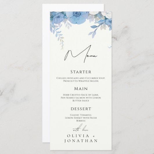 Dusty Blue Floral Elegante Wedding Menükarte (Vorne/Hinten)