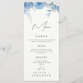 Dusty Blue Floral Elegante Wedding Menükarte