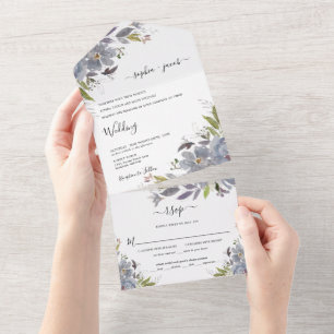 Dusty Blue Floral Eleganter Garten Hochzeit All In One Einladung