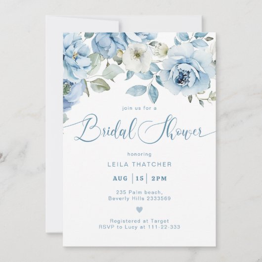 Dusty Blue Floral Elegantes Brautparty Einladung (Vorderseite)