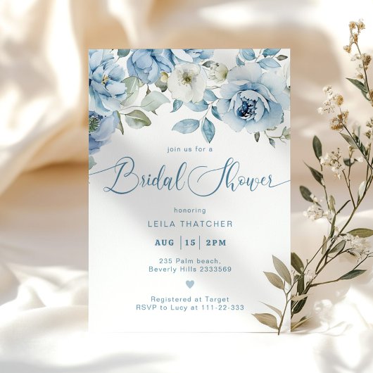 Dusty Blue Floral Elegantes Brautparty Einladung