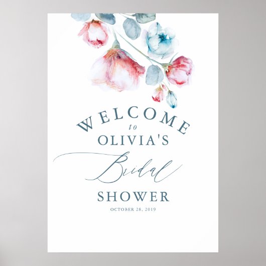Dusty Blue Floral Elegantes Brautparty Willkommen Poster (Vorne)