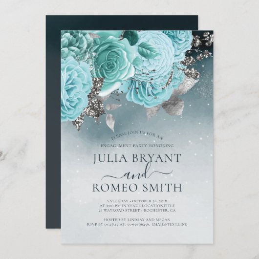Dusty Blue Floral Engagement Party Einladung (Vorne/Hinten)
