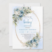 Dusty Blue Floral Eucalyptus Gold Script Baby Show Einladung (Vorderseite)