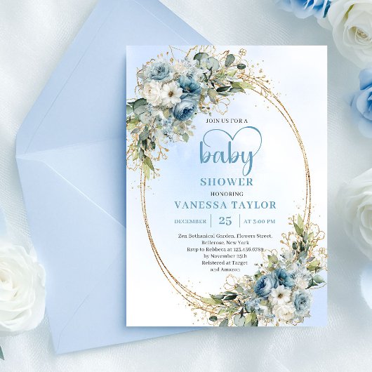 Dusty Blue Floral Eucalyptus Gold Script Baby Show Einladung
