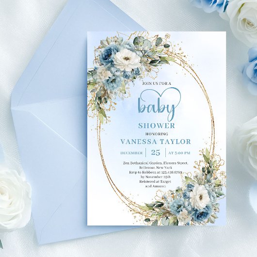Dusty Blue Floral Eucalyptus Gold Script Baby Show Einladung
