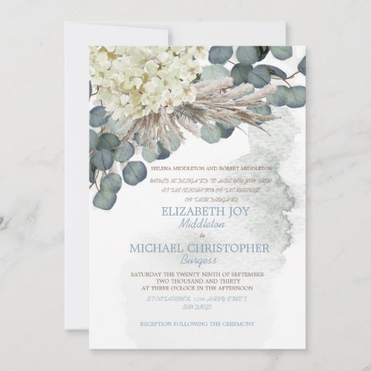 Dusty Blue Floral Eucalyptus Verlass Elegante Hoch Einladung (Vorderseite)