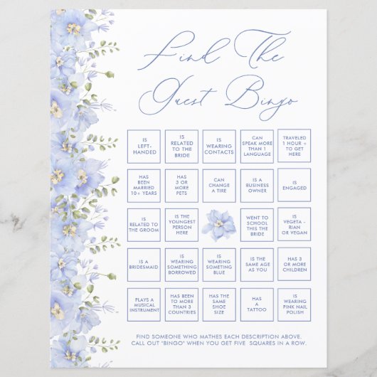 Dusty Blue Floral Finden Sie das Bingo Game (Vorderseite)