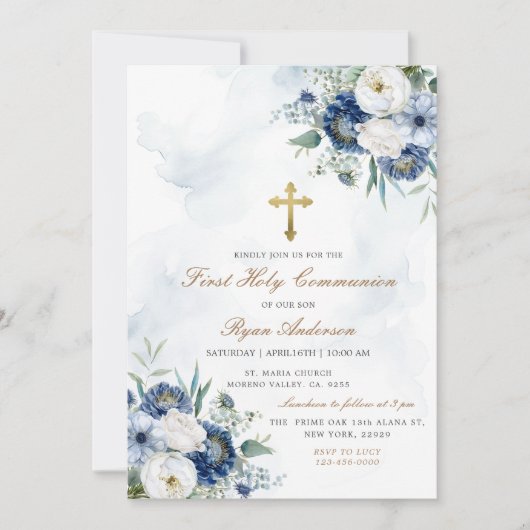 Dusty Blue Floral First Heilige Kommunion Einladung (Vorderseite)
