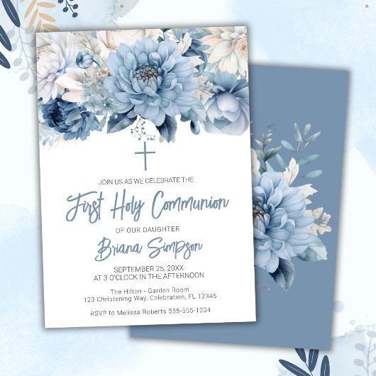 Dusty Blue Floral First Heilige Kommunion Einladung
