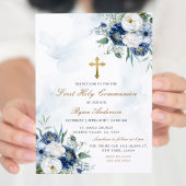 Dusty Blue Floral First Heilige Kommunion Einladung