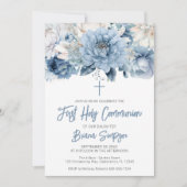 Dusty Blue Floral First Heilige Kommunion Einladung (Vorderseite)