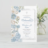 Dusty Blue Floral First Holy Communion I Einladung (Stehend Vorderseite)