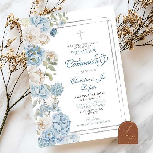 Dusty Blue Floral First Holy Communion I Einladung