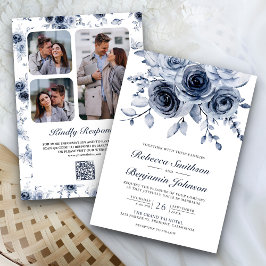 Dusty Blue Floral Foto Collage QR Code Hochzeit Einladung