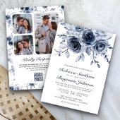 Dusty Blue Floral Foto Collage QR Code Hochzeit Einladung