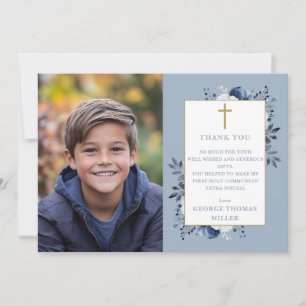 Dusty Blue Floral Foto Erste Heilige Kommune Dankeskarte