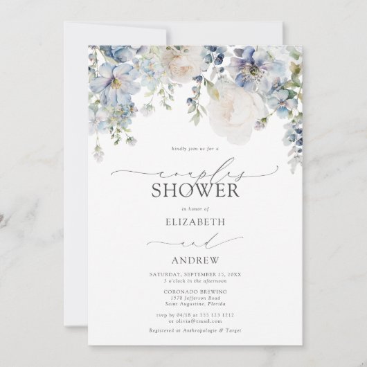 Dusty Blue Floral Foto Paare Dusche Einladung (Vorderseite)