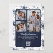 Dusty Blue Floral Foto QR Code Navy Hochzeit Einladung (Rückseite)