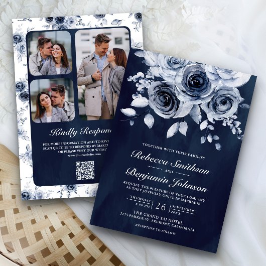 Dusty Blue Floral Foto QR Code Navy Hochzeit Einladung
