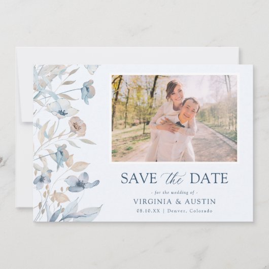 Dusty Blue Floral Foto Save The Date (Vorderseite)