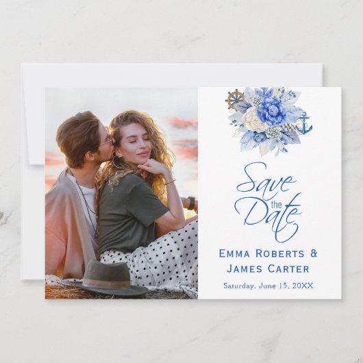 Dusty Blue Floral Foto Save the Date (Vorderseite)
